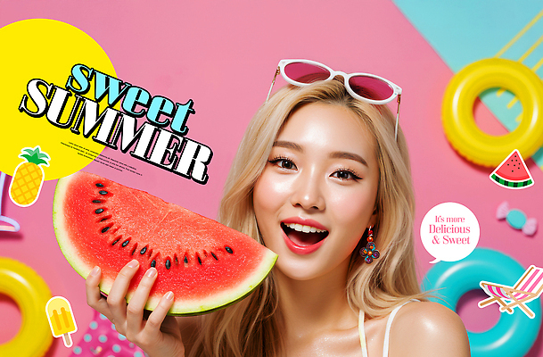 PSD 편집이미지 여자 패션 분홍색 과일 디저트 수박 여름 뷰티 파티 즐거움 장면 화사함 의료성형뷰티 이미지편집 계절 감정 음식 컬러 컨셉 사람 이벤트 파일형식
