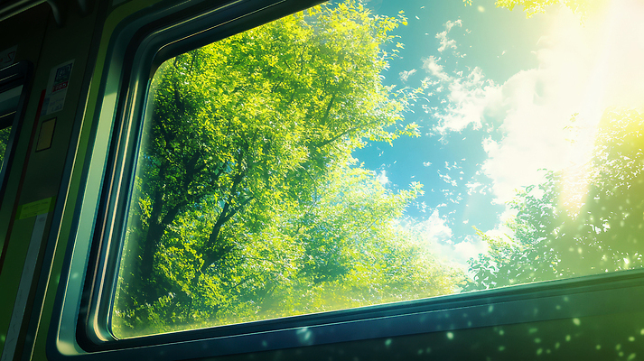 JPG 나무 편집이미지 감정 여행 창문 자연 하늘 풍경 초록색 여름 파란색 햇빛 평화 기차 관찰 그늘 편집실사 AI포토 AI콘텐츠 식물 계절 육상교통 컬러 컨셉 모션 대중교통 태양 CG 생태계 파일형식