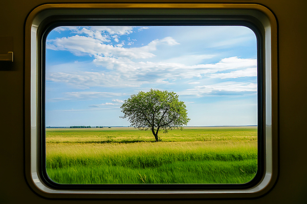 JPG 나무 구름 편집이미지 여행 창문 자연 하늘 풍경 초원 여름 기차 고독 드넓은 평야 풍경화 편집실사 AI포토 AI콘텐츠 자연요소 식물 계절 감정 육상교통 대중교통 CG 그림 생태계 파일형식