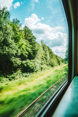 JPG 구름 편집이미지 여행 창문 자연 하늘 풍경 초록색 여름 운동 산책 기찻길 기차 숲 기차여행 편집실사 AI포토 AI콘텐츠 자연요소 계절 육상교통 컬러 휴식 대중교통 건강 CG 생태계 파일형식