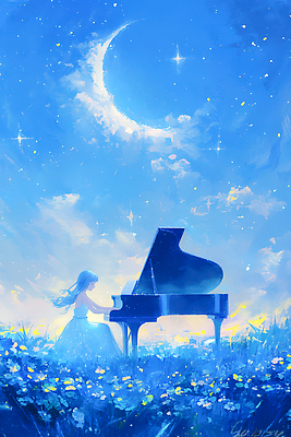 JPG 꽃 예술 음악 연주 일러스트 자연 하늘 풍경 소녀 꿈 피아노 야간 신비 달빛 화사함 감성 조화 뷰티풀 상상력 국내일러스트 AI일러스트 AI콘텐츠 자연요소 식물 여자 어린이 컨셉 문화예술 달 건반악기 생태계 파일형식