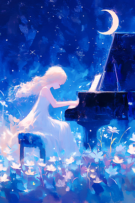 JPG 시선 꽃 감정 예술 음악 연주 일러스트 자연 소녀 고요 피아노 야간 달빛 감성 별빛 뷰티풀 선율 창작 몽환 환상 국내일러스트 AI일러스트 AI콘텐츠 자연요소 식물 여자 별 어린이 컨셉 문화예술 빛 달 건반악기 생태계 파일형식