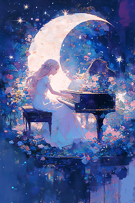 JPG 꽃 감정 예술 음악 연주 일러스트 자연 창조 소녀 반사 고요 꿈 보름달 분위기 피아노 신비 감성 마법 별빛 뷰티풀 환상 국내일러스트 AI일러스트 AI콘텐츠 식물 여자 별 어린이 컨셉 문화예술 빛 달 건반악기 생태계 파일형식