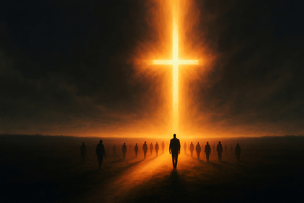 JPG 종교 길 십자가 일러스트 여러명 빛 평화 믿음 어둠 희망 고요 영혼 선택 저녁 신비 심볼 명상 국내일러스트 AI일러스트 AI콘텐츠 감정 다수 컨셉 사람 야간 파일형식