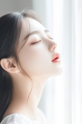 JPG 모양 편집이미지 여자 생각 표정 빛 평화 고요 편안함 창가 피부 뷰티풀 의료성형뷰티 스타일 외모 편집실사 AI인물포토 AI콘텐츠 컨셉 창문 사람 신체부위 감각 CG 파일형식 AI포토