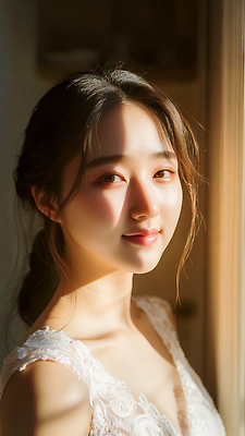 JPG 편집이미지 여자 행복 얼굴 신부 포즈 결혼식 미소 빛 우아함 창가 준비 뷰티풀 의료성형뷰티 편집실사 AI인물포토 AI콘텐츠 감정 결혼 컨셉 창문 표정 사람 신체부위 CG 파일형식 AI포토