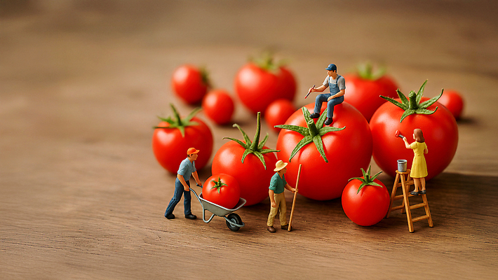 JPG 편집이미지 토마토 과일 모션 자연 협력 여러명 빨간색 정원 농사 미니어처 수확 도구 기다림 편집실사 AI포토 AI콘텐츠 컬러 다수 농업 채소 사람 모형 CG 생태계 파일형식