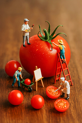 JPG 나무 편집이미지 예술 조각 토마토 채소 협력 정원 미니어처 작업 체험 바퀴 색칠 즐거움 그림 편집실사 AI포토 AI콘텐츠 식물 감정 컨셉 모형 CG 파일형식