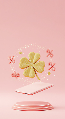 JPG 편집이미지 기호 디자인 분홍색 백그라운드 이벤트 그래픽 3D 세일 금색 행운 네잎클로버 떠있는 모던 뷰티풀 편집3D AI컴퓨터그래픽 AI콘텐츠 식물 문자 컬러 컨셉 모션 클로버 디지털합성 파일형식