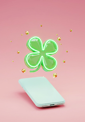 JPG 편집이미지 디자인 상징 분홍색 백그라운드 그래픽 스마트폰 3D 희망 행운 네잎클로버 떠있는 모던 소원 편집3D AI컴퓨터그래픽 AI콘텐츠 식물 감정 컬러 컨셉 모션 핸드폰 스마트기기 클로버 디지털합성 파일형식
