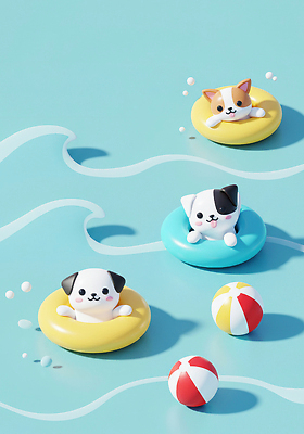 JPG 편집이미지 행복 물놀이 수영장 여름 파란색 반려동물 장난감 노란색 3D 귀여움 주황색 강아지 비치볼 즐거움 튜브 놀기 편집3D AI컴퓨터그래픽 AI콘텐츠 동물 계절 감정 컬러 컨셉 공 모션 놀이 바캉스용품 개 디지털합성 파일형식