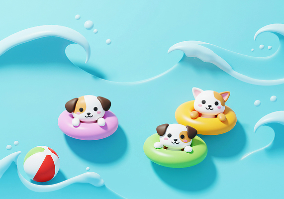 JPG 편집이미지 컬러 물놀이 놀이 수영장 건강 해변 여름 파란색 장난감 3D 귀여움 수영 체험 강아지 튜브 편집3D AI컴퓨터그래픽 AI콘텐츠 계절 바다 컨셉 반려동물 수상스포츠 개 디지털합성 파일형식