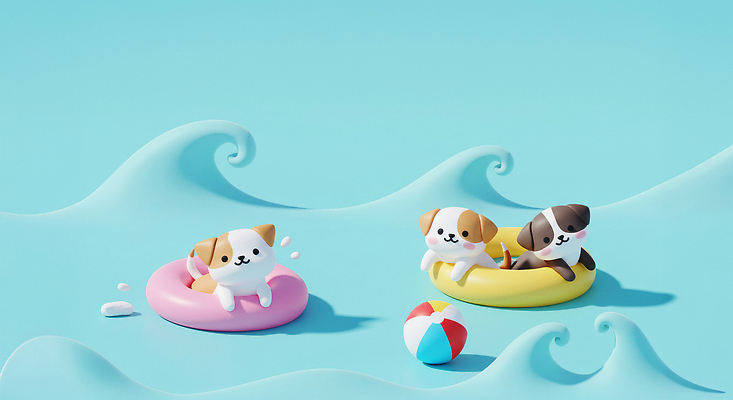 JPG 편집이미지 행복 파도 바다 물놀이 놀이 해변 여름 파란색 반려동물 장난감 3D 수영 강아지 풍선 튜브 편집3D AI컴퓨터그래픽 AI콘텐츠 동물 계절 감정 컬러 수상스포츠 개 디지털합성 파일형식
