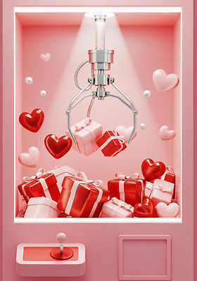 JPG 편집이미지 분홍색 선물 사랑 이벤트 장식 장난감 파티 3D 기계 게임 하트 추억 즐거움 인형뽑기 편집3D AI컴퓨터그래픽 AI콘텐츠 모양 감정 컬러 컨셉 놀이 디지털합성 파일형식