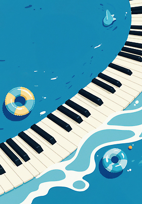 JPG 디자인 예술 음악 일러스트 상상 놀이 휴식 수영장 풍경 물 여름 파란색 수영 유머 수면 건반 피아노 즐거움 색감 국내일러스트 AI일러스트 AI콘텐츠 자연요소 계절 감정 컬러 컨셉 문화예술 수상스포츠 건반악기 파일형식
