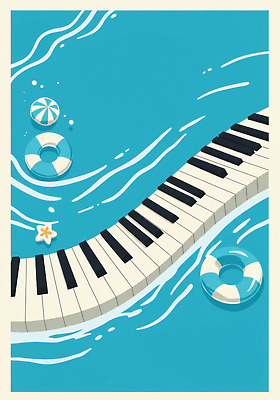 JPG 디자인 물결 예술 악기 음악 바다 일러스트 상상 수영장 물 여름 파란색 여름휴가 수영 수상스포츠 구조물 건반 피아노 국내일러스트 AI일러스트 AI콘텐츠 자연요소 계절 건축 스포츠 컬러 휴가 문화예술 건반악기 파일형식 여름_계절