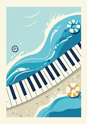 JPG 예술 음악 파도 바다 일러스트 휴식 풍경 해변 일상 여름 모래사장 수영 피아노 시원함 즐거움 휴양지 감성 조화 색감 구명부환 국내일러스트 AI일러스트 AI콘텐츠 계절 감정 컨셉 문화예술 라이프 장소 수상스포츠 건반악기 안전장비 튜브 파일형식
