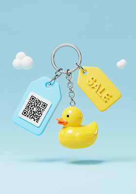 JPG 편집이미지 하늘색 오리 장식 쇼핑 꼬리표 판매 세일 귀여움 상점 디지털 오브젝트 QR코드 마케팅 키링 프로모션 편집3D AI컴퓨터그래픽 AI콘텐츠 컨셉 조류 이벤트 파란색 3D 라벨 파일형식