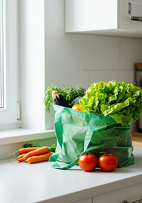 JPG 편집이미지 음식 토마토 채소 건강 요리 초록색 장보기 주방 당근 신선 조리대 에코백 편집실사 AI포토 AI콘텐츠 컬러 가방 뿌리채소 CG 에코 파일형식