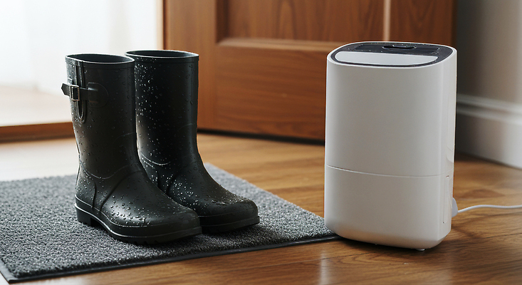 JPG 편집이미지 신발 가정 날씨 집안 건조 실내 장화 생활 검은색 습기 매트 수분 빗자루 현관문 제습기 편집실사 AI포토 AI콘텐츠 컬러 내부 문 가전제품 청소도구 CG 파일형식