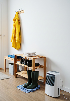 JPG 편집이미지 생활용품 가정 실내 장화 수건 깨끗함 편안함 옷걸이 현관문 우비 정리 신발장 편집실사 AI포토 AI콘텐츠 옷 신발 컨셉 내부 위생용품 문 감각 CG 오브젝트 파일형식