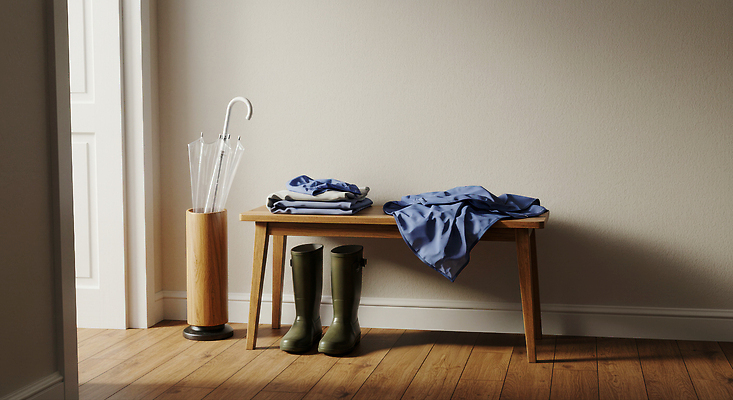 JPG 편집이미지 옷 신발 벤치 우산 휴식 실내 장식 보호 청소 오브젝트 준비 나무바닥 편집실사 AI포토 AI콘텐츠 컨셉 의자 바닥 내부 CG 파일형식