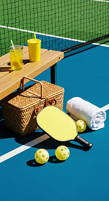 JPG 편집이미지 음료 스포츠 공 모션 야외 여름 파란색 수건 노란색 코트 게임 즐거움 준비 소풍바구니 편집실사 피클볼 AI포토 AI콘텐츠 계절 감정 컬러 놀이 위생용품 구기 바구니 외투 CG 파일형식