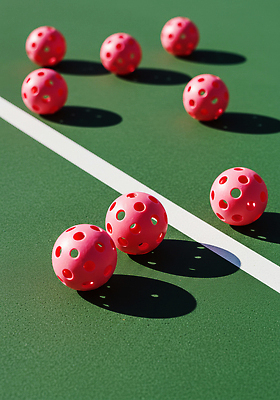 JPG 편집이미지 스포츠 공 모션 놀이 그림자 경기 빨간색 초록색 여름 운동 코트 테니스 구멍 즐거움 일렬 편집실사 피클볼 AI포토 AI콘텐츠 계절 감정 컬러 건강 구기 외투 CG 파일형식