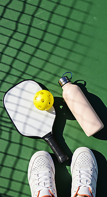 JPG 편집이미지 스포츠 신발 공 모션 놀이 야외 햇빛 헬스 운동장 라켓 물병 즐거움 준비 편집실사 피클볼 AI포토 AI콘텐츠 감정 스포츠용품 스포츠시설 운동 태양 구기 공간 물통 CG 파일형식