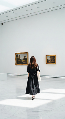 JPG 편집이미지 여자 문화 예술 전시 감상 공간 미술관 그림 조용 관람 풍경화 의료성형뷰티 편집실사 AI인물포토 AI콘텐츠 사람 CG 파일형식 AI포토