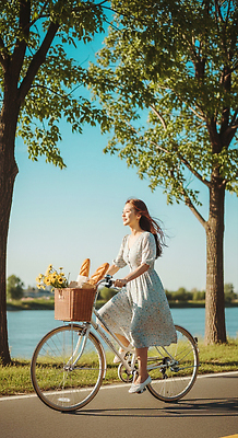 JPG 나무 편집이미지 여자 꽃 행복 여유 빵 자연 따뜻함 햇빛 소풍 바구니 자전거 강가 즐거움 오후 의료성형뷰티 편집실사 AI인물포토 AI콘텐츠 식물 감정 음식 사람 강 태양 야외활동 바이크 CG 생태계 파일형식 AI포토