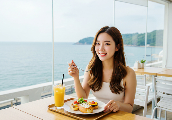 JPG 편집이미지 여자 행복 바다 과일 자연 탁자 사람 풍경 해변 레스토랑 식사 주스 아침식사 힐링 의료성형뷰티 편집실사 AI인물포토 AI콘텐츠 감정 음료 가구 식당 CG 생태계 파일형식 AI포토