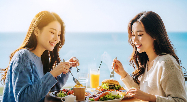 JPG 편집이미지 행복 여유 음식 바다 자연 대화 웃음 해변 친구 햇빛 레스토랑 식사 즐거움 점심 의료성형뷰티 편집실사 AI인물포토 AI콘텐츠 감정 관계 표정 말하기 태양 식당 CG 생태계 파일형식 AI포토