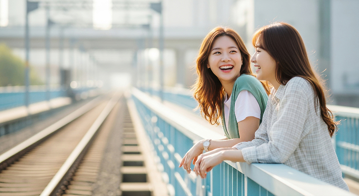 JPG 편집이미지 여자 여유 백그라운드 자연 대화 웃음 친구 햇빛 기차 도시 시간 즐거움 외출 철조망 선로 의료성형뷰티 편집실사 AI인물포토 AI콘텐츠 감정 육상교통 관계 대중교통 표정 말하기 사람 태양 CG 생태계 파일형식 AI포토