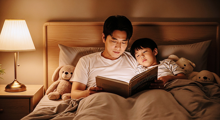 JPG 편집이미지 교육 아들 인형 가족 휴식 조명 따뜻함 이야기 사랑 독서 평화 방 침대 아빠 야간 의료성형뷰티 편집실사 AI인물포토 AI콘텐츠 자연요소 감정 가구 컨셉 관계 CG 파일형식 AI포토