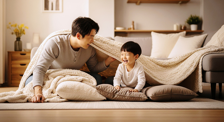 JPG 편집이미지 행복 아들 가구 가족 놀이 실내 따뜻함 웃음 일상 소파 아빠 담요 즐거움 의료성형뷰티 편집실사 AI인물포토 AI콘텐츠 감정 생활용품 의자 관계 표정 내부 라이프 CG 파일형식 AI포토