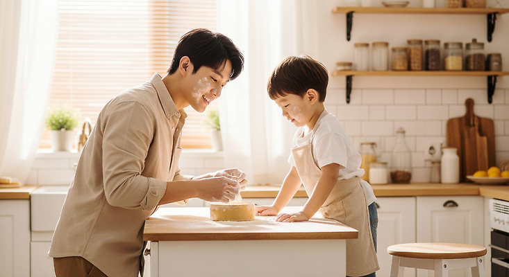 JPG 편집이미지 행복 가족 모션 식탁 대화 요리 빛 부모 쿠키 주방 자녀 즐거움 반죽 만들기 오후 의료성형뷰티 편집실사 AI인물포토 AI콘텐츠 감정 관계 탁자 디저트 말하기 CG 파일형식 AI포토