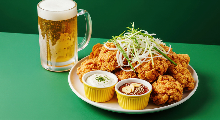 JPG 편집이미지 한식 채소 맥주 육류 요리 친구 식사 저녁식사 치킨 소스 안주 즐거움 파 바삭바삭 맛있는 편집실사 AI포토 AI콘텐츠 감정 음식 컨셉 식재료 관계 주류 양념 CG 닭고기요리 파일형식