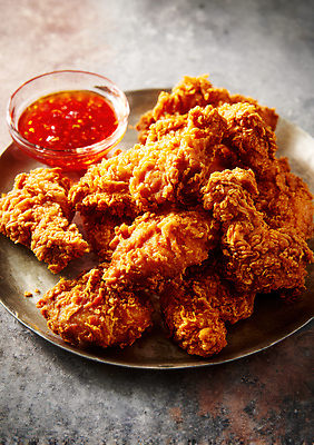 JPG 편집이미지 접시 음식 디저트 요리 식사 치킨 튀김 소스 맛 저녁 야식 바삭바삭 편집실사 AI포토 AI콘텐츠 식기 컨셉 양념 야간 CG 닭고기요리 파일형식