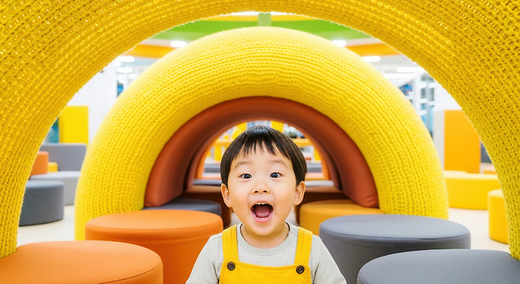 JPG 편집이미지 어린이 컬러 모션 놀이 실내 웃음 노란색 아기 원형 구조물 즐거움 밝은색 의료성형뷰티 편집실사 AI인물포토 AI콘텐츠 도형 건축 감정 표정 사람 내부 CG 파일형식 AI포토