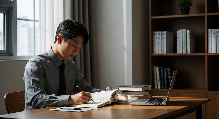 JPG 편집이미지 남자 책 학습 사무실 독서 필기구 환경 기록 작업 집중 조용 나무책상 오후 의료성형뷰티 편집실사 AI인물포토 AI콘텐츠 교육 컨셉 비즈니스 문구용품 사람 목재 책상 CG 파일형식 AI포토