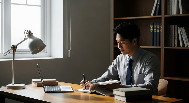 JPG 편집이미지 남자 탁자 조명 실험 책 노트북 학습 사무실 기록 메모지 작업 분위기 집중 읽기 조용 의료성형뷰티 편집실사 AI인물포토 AI콘텐츠 교육 가구 컨셉 비즈니스 모션 사람 전자제품 사무용품 CG 파일형식 AI포토