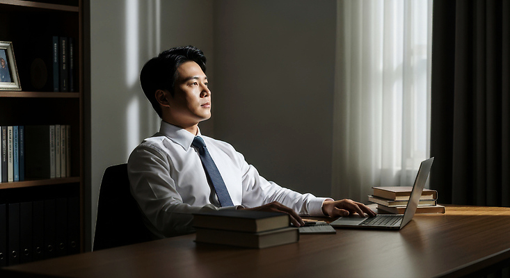 JPG 편집이미지 남자 비즈니스 아침 실내 컴퓨터 사무실 햇빛 작업 분위기 집중 책상 문서 조용 의료성형뷰티 편집실사 AI인물포토 AI콘텐츠 주간 가구 컨셉 사람 내부 전자제품 태양 CG 파일형식 AI포토