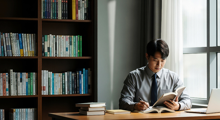 JPG 편집이미지 남자 책장 실험 정장 책 학습 사무실 독서 햇빛 공간 메모지 시간 집중 커리어 의료성형뷰티 편집실사 AI인물포토 AI콘텐츠 옷 교육 가구 컨셉 비즈니스 사람 태양 사무용품 CG 파일형식 AI포토