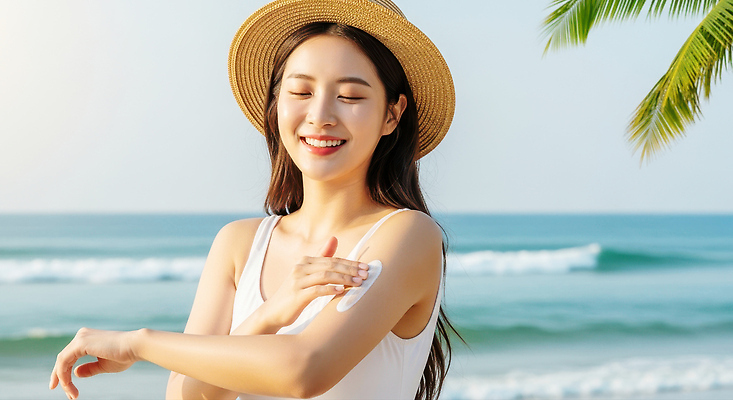 JPG 편집이미지 여자 파도 바다 자연 휴식 미소 해변 여름 햇빛 선탠 피부 즐거움 스킨케어 수분크림 의료성형뷰티 편집실사 AI인물포토 AI콘텐츠 계절 감정 컨셉 표정 사람 신체부위 태양 뷰티 화장품 CG 생태계 파일형식 AI포토