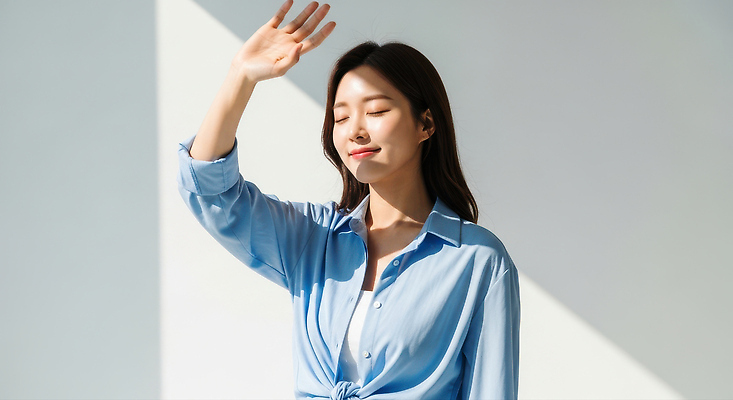 JPG 편집이미지 여자 패션 행복 감정 여유 따뜻함 미소 여름 햇빛 피부 즐거움 손흔들기 의료성형뷰티 편집실사 AI인물포토 AI콘텐츠 계절 모션 표정 사람 신체부위 태양 CG 파일형식 AI포토