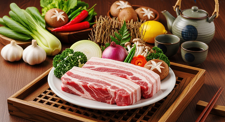 JPG 편집이미지 채소 재료 고추 식탁 양파 마늘 요리 버섯 신선 양념 브로콜리 레몬 삼겹살 파 신선도 편집실사 AI포토 AI콘텐츠 과일 탁자 돼지고기 CG 파일형식