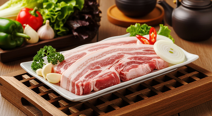 JPG 편집이미지 한식 채소 식재료 양파 오이 마늘 육류 요리 샐러드 신선 준비 삼겹살 파 건강식 맛있는 편집실사 AI포토 AI콘텐츠 음식 돼지고기 CG 파일형식