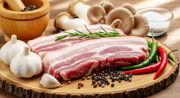 JPG 편집이미지 식재료 식탁 건강 마늘 돼지고기 요리 버섯 맛 향신료 로즈메리 청양고추 편집실사 AI포토 AI콘텐츠 컨셉 채소 고추 탁자 육류 허브 CG 향미료 파일형식