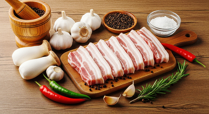 JPG 편집이미지 한식 음식 식재료 고추 도마 마늘 요리 식사 버섯 신선 저녁 향신료 준비 삼겹살 건강식 편집실사 AI포토 AI콘텐츠 채소 주방용품 돼지고기 야간 CG 향미료 파일형식